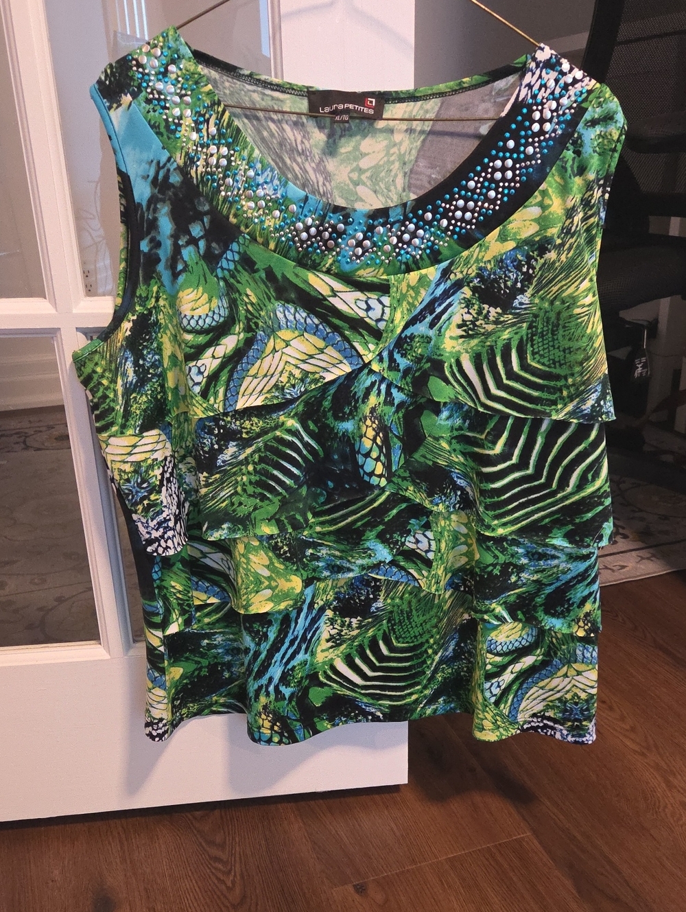Embellished Green Printed Sleeveless Tank Top by Le Petite